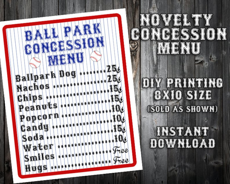 INSTANT DOWNLOAD 8x10 Baseball Themed Birthday Party Menu Concession Stand Party Printable Sign DIY Printing image 1