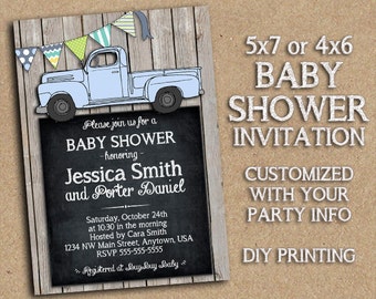 Vintage Style Truck - Customized Baby Shower Invitation Printable - Old Blue Truck, Bunting, Rustic Barnwood Country Themed Party