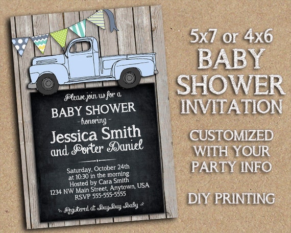 Vintage Style Truck - Customized Baby Shower Invitation Printable - Old Blue Truck, Bunting, Rustic Barnwood Country Themed Party Il_570xn