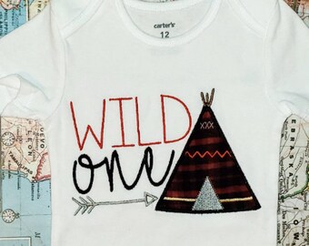 Clearance- READY TO SHIP - Wild One Teepee 1st Birthday Appliqué Shirt - 12M Shirt Bodysuit - First Bday Camp Out Red Plaid Camping Flannel