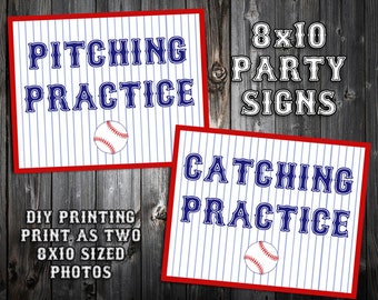 INSTANT DOWNLOAD - Baseball Themed Birthday Party Signs - Pitching and Catching Practice - DIY Printing - Blue and Black Text