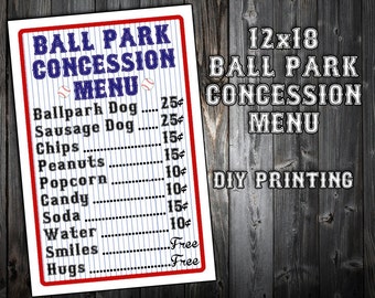 INSTANT DOWNLOAD - Baseball Themed Birthday Party Menu - Concession Stand - Party Printable Sign - DIY Printing