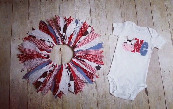 Made to Order - Cow Applique One Shirt with Cowgirl Scrap Tutu - Red Bandana, Gingham, Denim, Lace - 1st Birthday Outfit Il_570xn