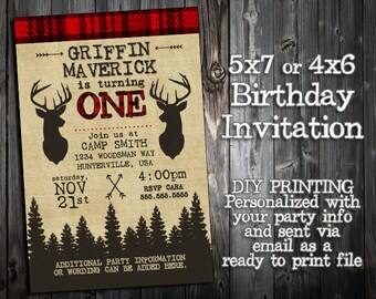 The Little Hunter Collection - Customized Birthday Invitation Printable - Hunting, Camp Out Themed Party Invitation - Deer Elk Arrows Plaid
