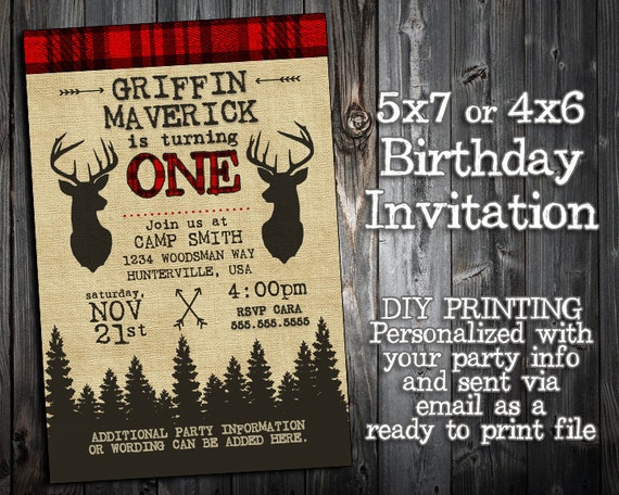 The Little Hunter Collection - Customized Birthday Invitation Printable - Hunting, Camp Out Themed Party Invitation - Deer Elk Arrows Plaid Il_570xn