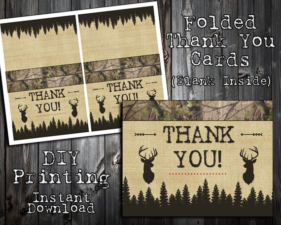 INSTANT DOWNLOAD - Little Hunter Collection - Thank You Note Cards - Birthday Party Printables - DIY Printing - Camo, Deer, Hunting, Arrows Il_570xn