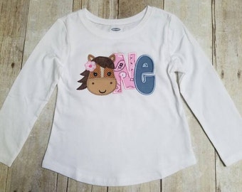 Clearance - READY TO SHIP  - Horse One Appliqué Shirt - Size 2T Long Sleeve T-Shirt  - Farm Party