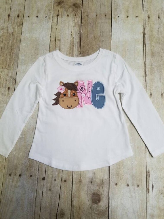 Clearance - READY TO SHIP - Horse One Appliqué Shirt - Size 2T Long Sleeve T-Shirt - Farm Party Il_570xn