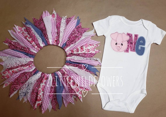 Clearance - READY TO SHIP - 12M Pig One 1st Birthday Applique Bodysuit and Scrap Tutu - Pink Bandana Lace - First Bday Outfit Barnyard Party Il_570xn