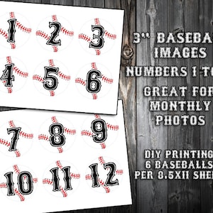 May include: Twelve 3-inch printable baseball images with numbers 1 through 12.  The images are white with red stitching and black numbers.  The text "3" inch baseball images, numbers 1 to 12, great for monthly photos, DIY printing 6 baseballs per 8.5x11 sheet" is printed below the images.