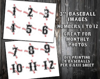 3 Inch Baseballs - Numbered 1 thru 12 - Black or Blue Text - Great for Monthly Photos at Baseball Themed Birthday Party - DIY Printing