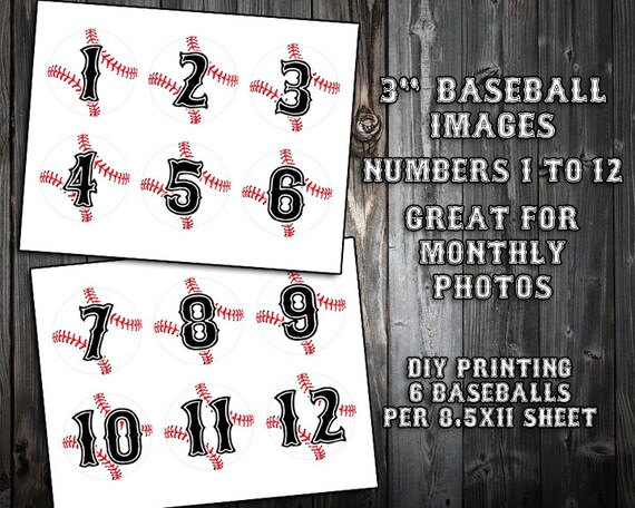 3 Inch Baseballs - Numbered 1 thru 12 - Black or Blue Text - Great for Monthly Photos at Baseball Themed Birthday Party - DIY Printing Il_570xn