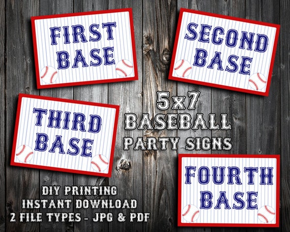 INSTANT DOWNLOAD - 5x7 Baseball Themed Birthday Party Signs - First Second Third Fourth Base - DIY Printing Il_570xn
