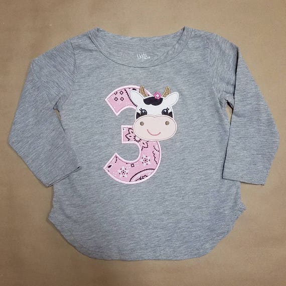 Clearance - READY TO SHIP - Cute Cow 3 Third Birthday - Pink Bandana, Cowgirl Farm Bday Appliqué Shirt - Size 3T - Barnyard Party Il_570xn