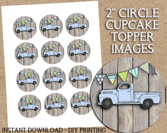 INSTANT DOWNLOAD - Blue Vintage Truck Themed Party Printable - 2 inch Images - DIY Printing - Great for Cupcake Toppers Birthday Baby Shower