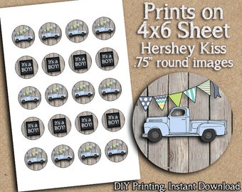 INSTANT DOWNLOAD - Hershey Kiss Labels - Blue Vintage Truck Baby Shower - Party Printable - DIY Printing