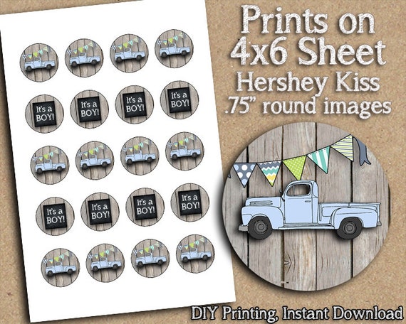 INSTANT DOWNLOAD - Hershey Kiss Labels - Blue Vintage Truck Baby Shower - Party Printable - DIY Printing Il_570xn