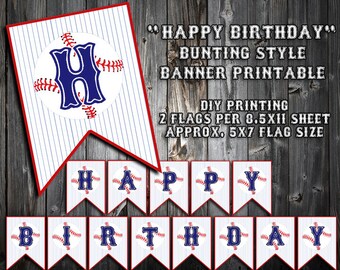 May include: Printable baseball-themed bunting banner for a birthday party. The banner features red, white, and blue colors and says "Happy Birthday" in a bunting style. The banner is designed to be printed on 8.5x11 inch paper and cut out. Each flag is approximately 5x7 inches.