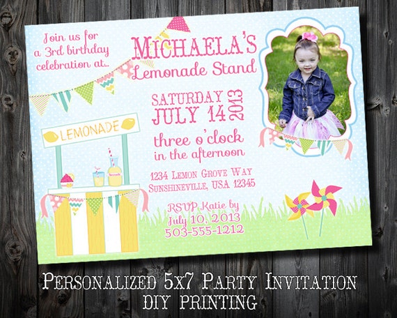 The Lemonade Stand Collection - Customized Birthday Invitation Printable - Photo or Non-Photo - Bunting, Pinwheels Il_570xn