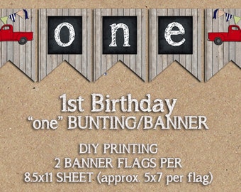 INSTANT DOWNLOAD - Vintage Truck Birthday Banner - "one" - Party Printable Bunting - DIY Printing - 1st First Birthday