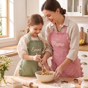 Può includere: Un grembiule in velluto a coste verde salvia con il nome Emma ricamato in bianco e un grembiule in velluto a coste rosa polvere con la parola Mama ricamata in bianco. Entrambi i grembiuli presentano spalline con volant e tasche a forma di cuore.