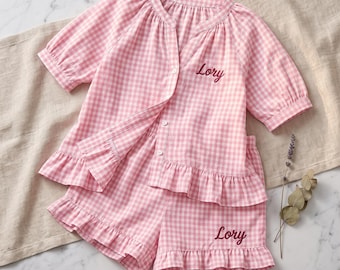 Personalized bridal pajama sets, plaid ruffled pajamas, bridal party gifts, wedding morning wear