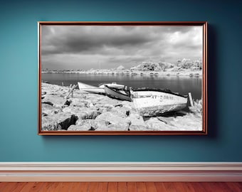 Black and White Boat Wall Art | Vintage Fishing Boat Photo Print | Moody Lake Landscape Poster | Coastal River Decor | Fine Art B&W Gift