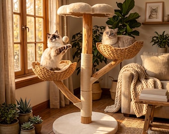 Modern Solid Wood Cat Tree | Aesthetic Cat Furniture with Natural Sisal Scratching Post