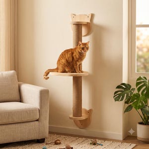 Peut inclure: Un arbre à chat mural composé de deux plateformes en bois clair aux silhouettes d'oreilles de chat, reliées par un poteau central vertical recouvert de corde de sisal texturée. Un chat tigré orange est assis sur la plateforme centrale.