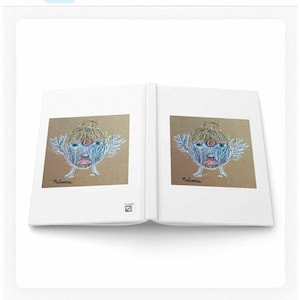 Puede incluir: Libro abierto con una cubierta blanca, que muestra dos páginas enfrentadas. Cada página presenta un cuadrado marrón con una ilustración colorida de una cara con acentos azules, rojos y amarillos. La palabra "Taleena" está escrita debajo.