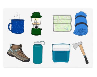 Hoja de pegatinas de camping, pegatinas pequeñas de aventura (bota de montaña, linterna, nevera portátil, taza, saco de dormir, botella de agua, mapa, hacha)