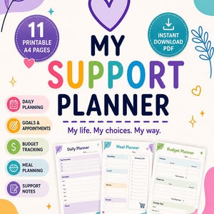 May include: A digital printable support planner set featuring 11 A4 pages. The cover displays the text MY SUPPORT PLANNER, My life. My choices. My way., and DESIGNED FOR NDIS PARTICIPANTS, CARERS & SUPPORT WORKERS. Includes daily, meal, and budget planners.
