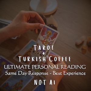 May include: A tarot card featuring an angel with pink wings playing a trumpet, held between two hands. The text reads: TAROT + TURKISH COFFEE ULTIMATE PERSONAL READING Same Day Response - Best Experience NOT AI. Other tarot cards are visible below.