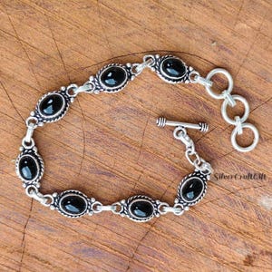 925 Sterling Silver Black Onyx Link Bracelet, Oval Gemstone Toggle Clasp Bracelet, Handmade Oxidized Boho Jewelry Gift