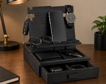 Houten telefoondock met lade, bureau-organizer voor mannen, oplaadstandaard, nachtkastje parkeerservice, cadeau man vader, kantooraccessoire