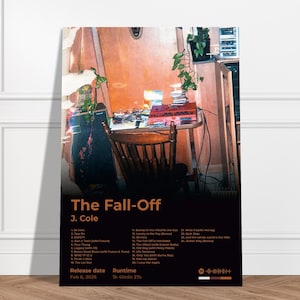 May include: A vertical poster featuring a photograph of a cluttered wooden desk with a chair and a plant, topped by the text The Fall-Off by J. Cole. Below the image, a tracklist of 24 songs is printed, followed by the release date Feb 6, 2026.