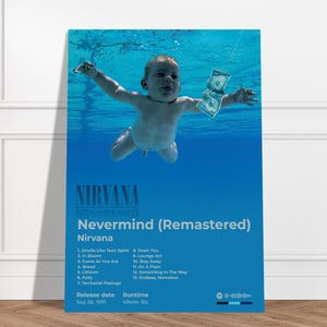 May include: A rectangular poster featuring the Nirvana Nevermind album cover art with a baby swimming underwater toward a dollar bill. The text includes the band name, album title, tracklist, release date of Sep 26, 1991, and a runtime of 49min 15s.