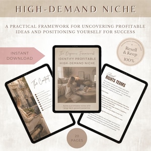 May include: A digital product mockup featuring three tablets. The central tablet displays "The Organic Framework" and "Identify Profitable High-Demand Niche." The other tablets show "The Content" and "Resell Rights Terms." The image includes text: "High-Demand Niche" and "Instant Download."