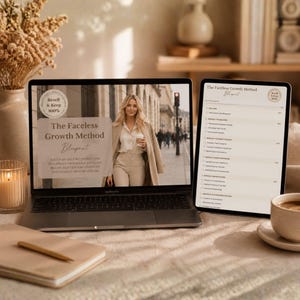 May include: A laptop and tablet show the "Faceless Growth Method Blueprint" with a woman holding a coffee cup. The laptop screen displays the title and a photo of the woman. A notebook, pencil, candle, and coffee cup are also visible.