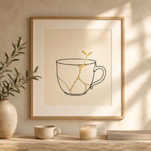 Kintsugi Cup Print, Healing Takes Root, Japandi Line Art, Mental Wellness Decor (Digital Download)