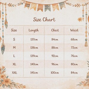 May include: A size chart table with columns for Size, Length, Chest, and Waist, listing measurements from S to XXL in centimeters. The chart is decorated with a top banner of hanging pennants and side borders featuring feathers and flowers.