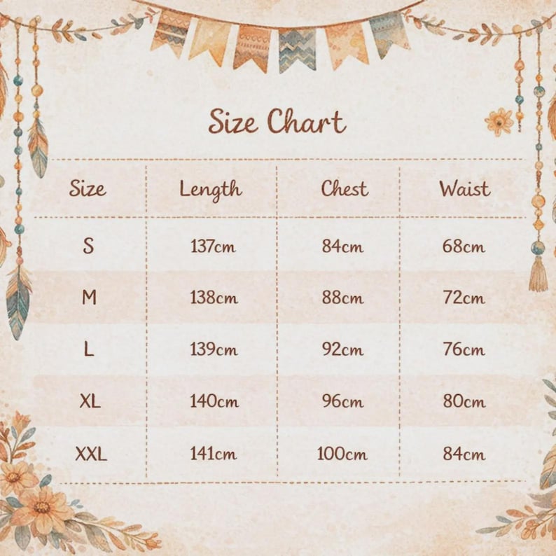 May include: A size chart table with columns for Size, Length, Chest, and Waist, listing measurements from S to XXL in centimeters. The chart is decorated with a top banner of hanging pennants and side borders featuring feathers and flowers.