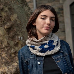 Flower motif merino wool neck warmer - Light gray and blue
