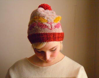 Merino wool, ivory white x red x pink x yellow leaves stitch, pompom beanie