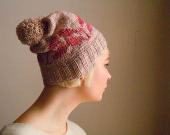 Merino wool, ivory white x pink leaves stitch, pompom beanie