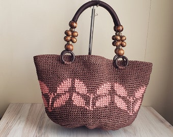 Raffia crochet leaves bag with brown beads handles