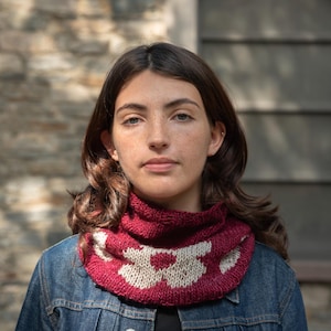 Flower motif merino wool neck warmer - Wine and beigy gray