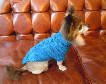 May include: A small, brown and white chihuahua wearing a blue knitted sweater with a cable knit pattern. The dog is sitting on a brown leather couch.