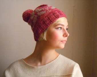 Merino wool, pink x ivory white x red leaves stitch, pompom beanie