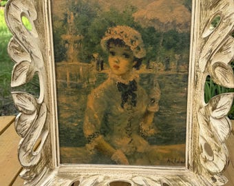 Vintage 1950s Framed Huldah Print "In Central Park" – Ornate Hollywood Regency Gesso Frame